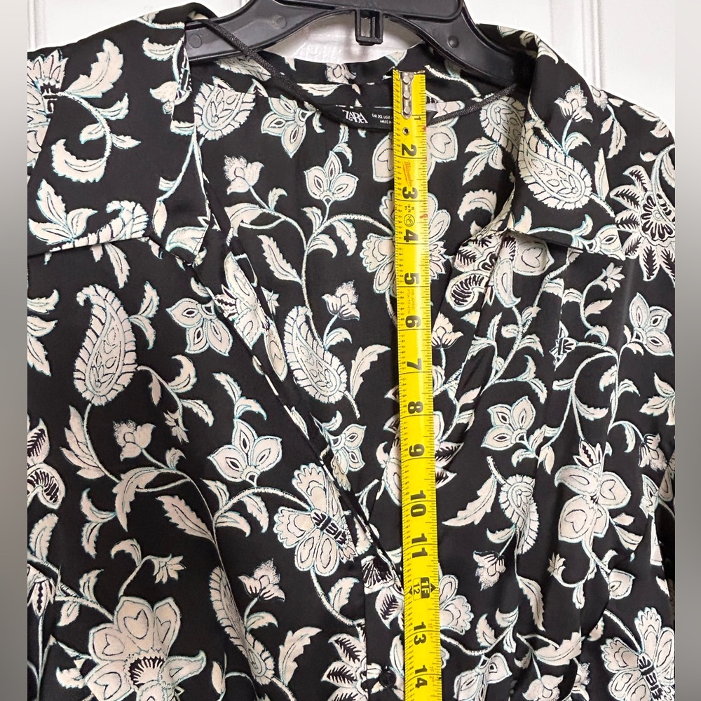 ZARA Floral Satin Effect Long Sleeve Shirt Dress Black White Size XL Fall Style - Picture 10 of 16
